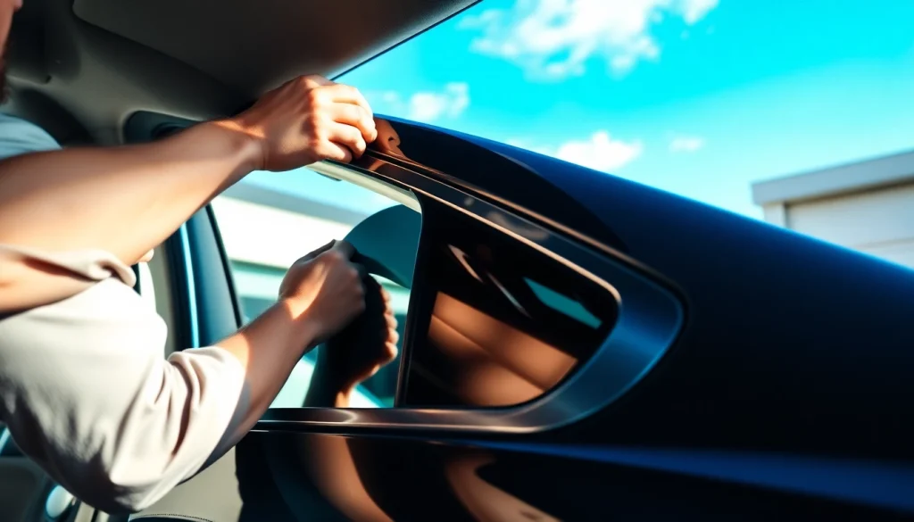 Technician applying auto window tint near me in a professional garage, showcasing expertise and quality.