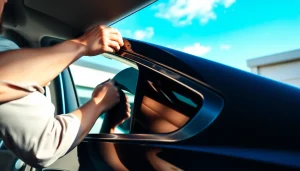 Technician applying auto window tint near me in a professional garage, showcasing expertise and quality.