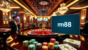 Players engaging with mm88 at an upscale casino table, showcasing vibrant gambling action.