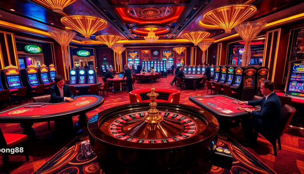 Engaging casino experience at bong88.casa with players at roulette and blackjack tables.