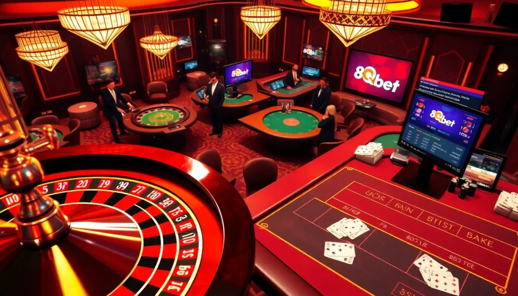 Experience the excitement of 8qbet with spinning roulette wheels and vibrant casino tables.