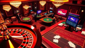 Experience the excitement of 8qbet with spinning roulette wheels and vibrant casino tables.