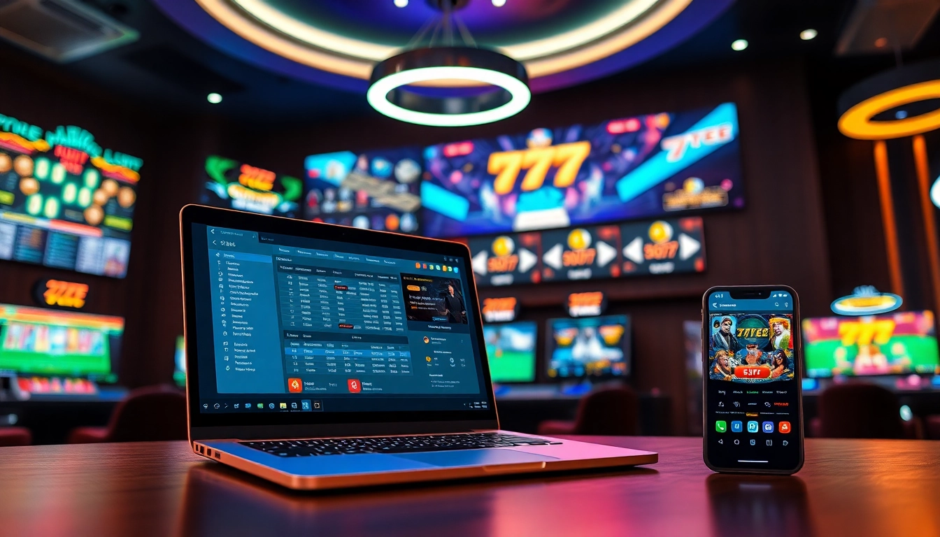 77EE online platform displayed in a modern gambling environment with vibrant gaming elements.