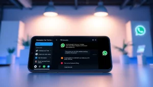 FM WhatsApp interface on a smartphone showcasing features like dual account management and customization.