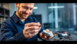 Schlüsseldienst Wiesbaden: Professioneller Schlüsseldienst öffnet ein Schloss mit Präzisionswerkzeugen.