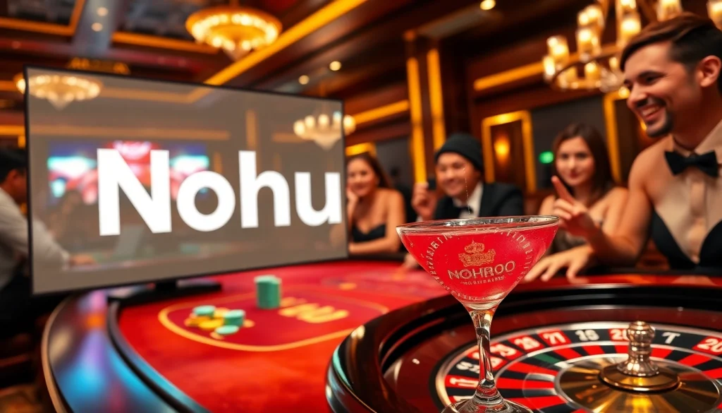 Nohu90 players winning at a luxurious casino table with vibrant chips and roulette wheel.