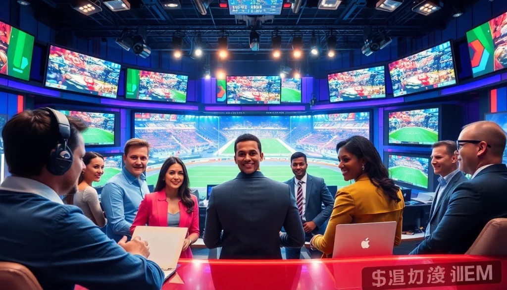 Engaging scene of sports broadcasting with announcers lively discussing live games.