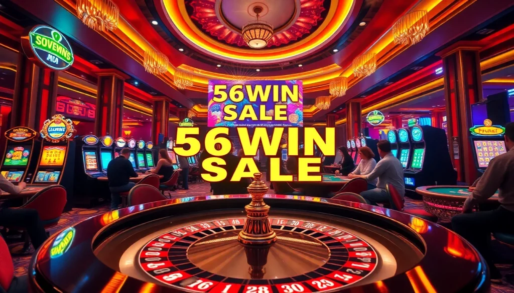 Experience the thrill of the 56WIN SALE while playing at a glamorous casino showcasing roulette and poker tables.