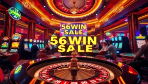 Experience the thrill of the 56WIN SALE while playing at a glamorous casino showcasing roulette and poker tables.
