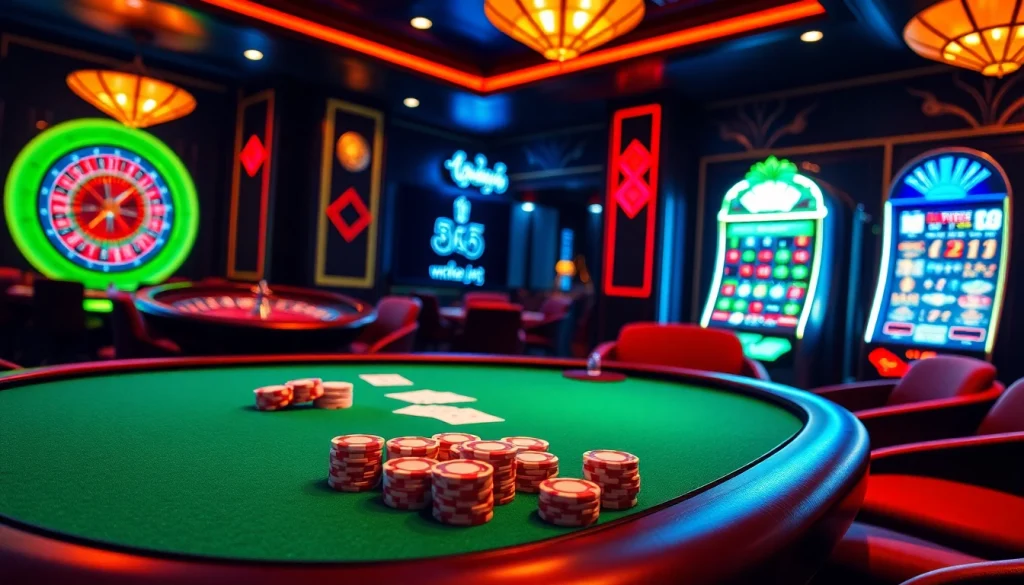 Gamble at mk8th.net, showcasing a vibrant poker table and roulette wheel in a luxury casino setting.