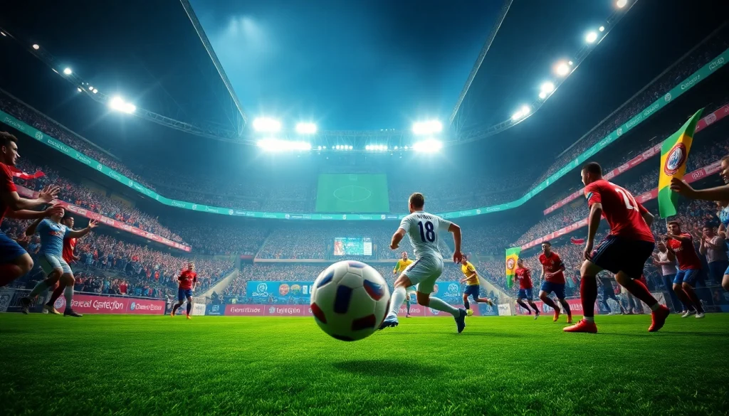 مباراة كرة قدم مباشرة تُظهر إثارة كورة لايف مع اللاعبين في الملعب وجماهير تصفّق.