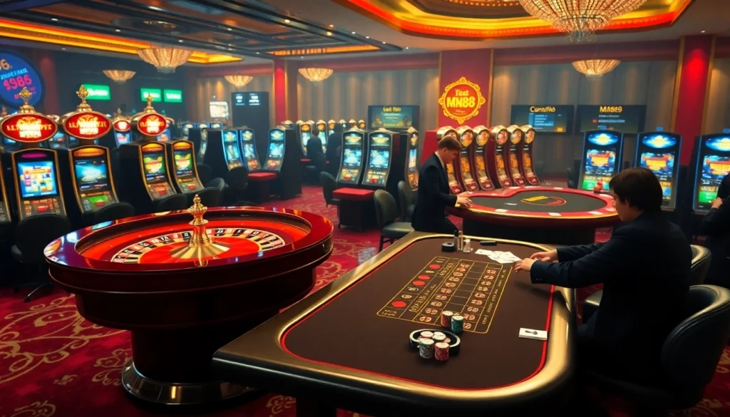 Experience MM88 casino action with vibrant slot machines and an elegant roulette table.