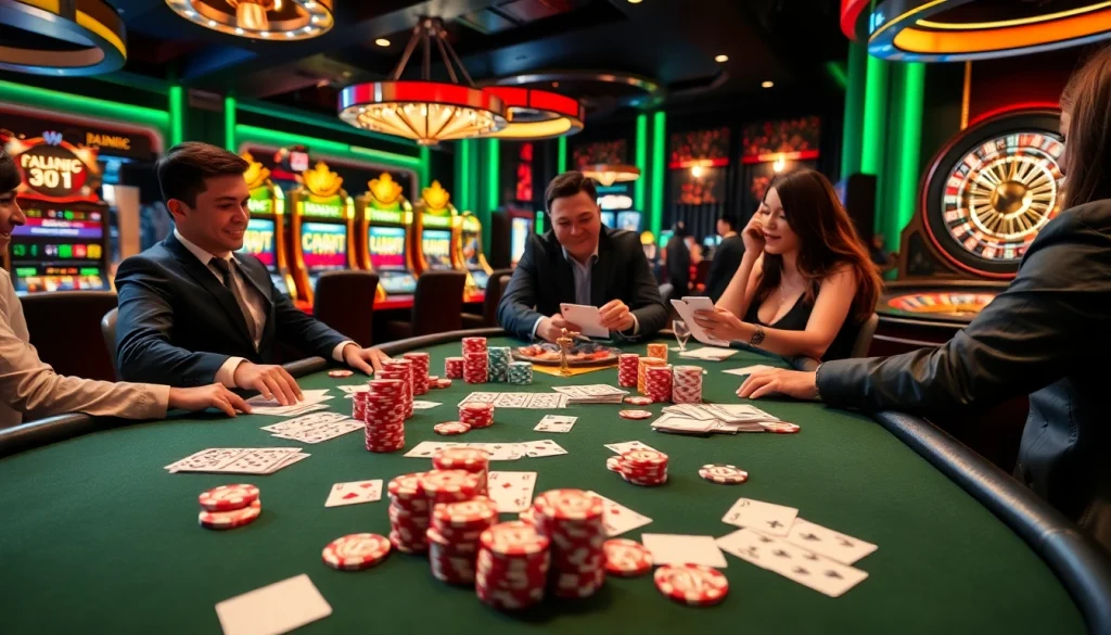Engaged players enjoying high-stakes poker at 555win com casino, with vibrant chips and cards.
