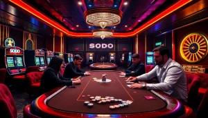 SODO-themed casino poker table with players engaged in an exciting game of strategy.