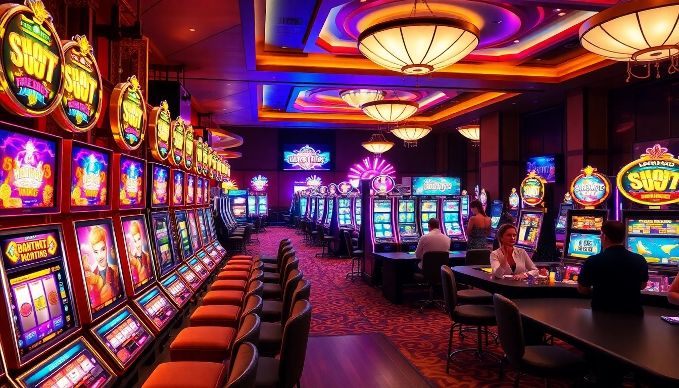 Penjudi menikmati sensasi slot deposit pulsa tanpa potongan di mesin kasino yang penuh warna.