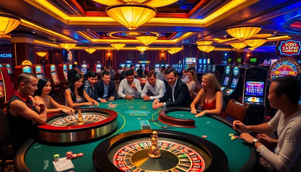 Experience the thrill of gaming at SODO CASINO 66 with vibrant poker tables and engaging players.