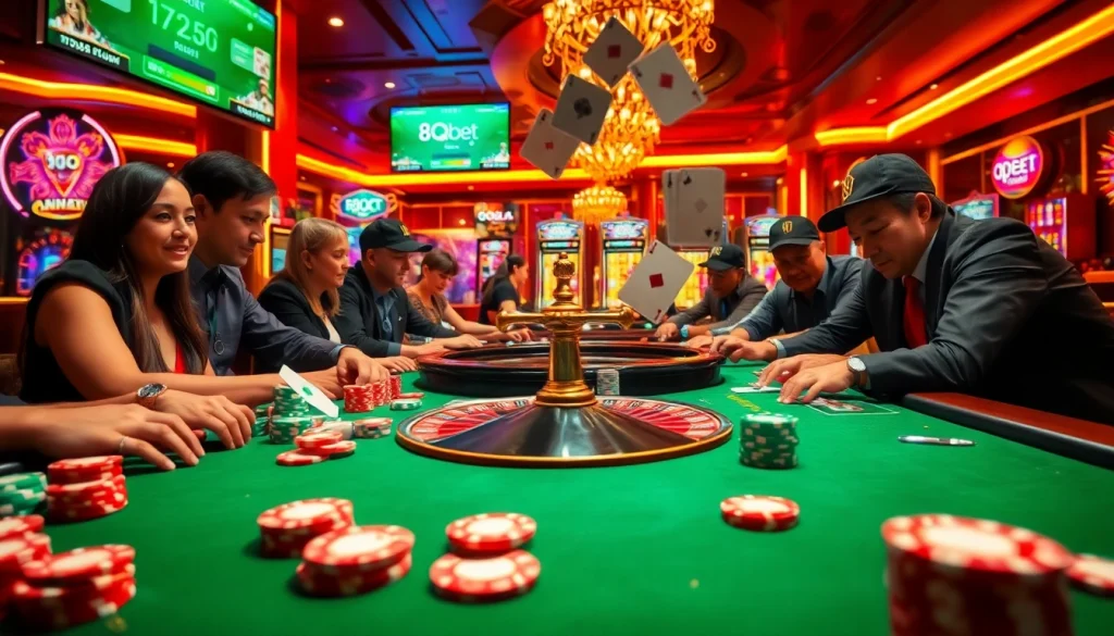 Exciting gaming scene at 8qbet casino with vibrant chip stacks and spinning roulette.