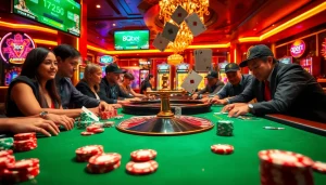 Exciting gaming scene at 8qbet casino with vibrant chip stacks and spinning roulette.