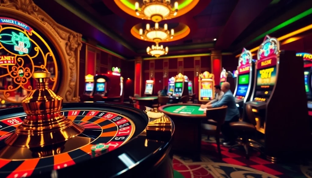 S88bet players enjoying a thrilling casino experience with roulette, poker chips, and vibrant slot machines.