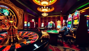 S88bet players enjoying a thrilling casino experience with roulette, poker chips, and vibrant slot machines.