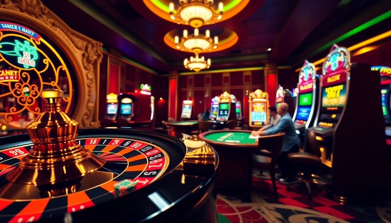 S88bet players enjoying a thrilling casino experience with roulette, poker chips, and vibrant slot machines.