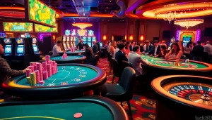 Experience the thrill of a high-stakes poker game at luck8 casino, with colorful chips and tables.