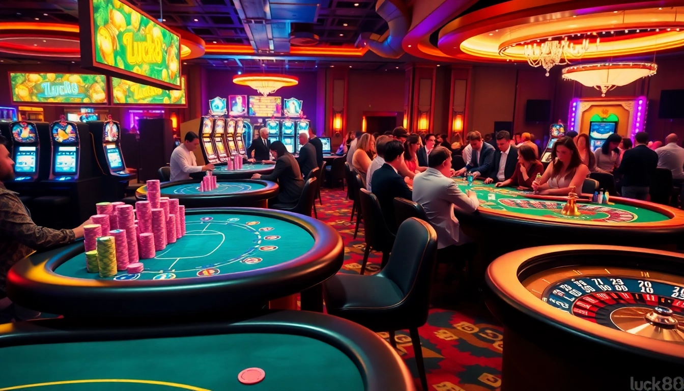Experience the thrill of a high-stakes poker game at luck8 casino, with colorful chips and tables.