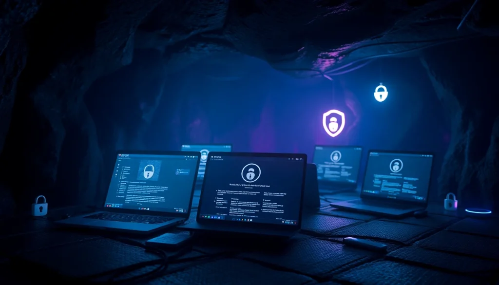 The hidden wiki displayed in an atmospheric dark web scene with glowing screens and tech devices.