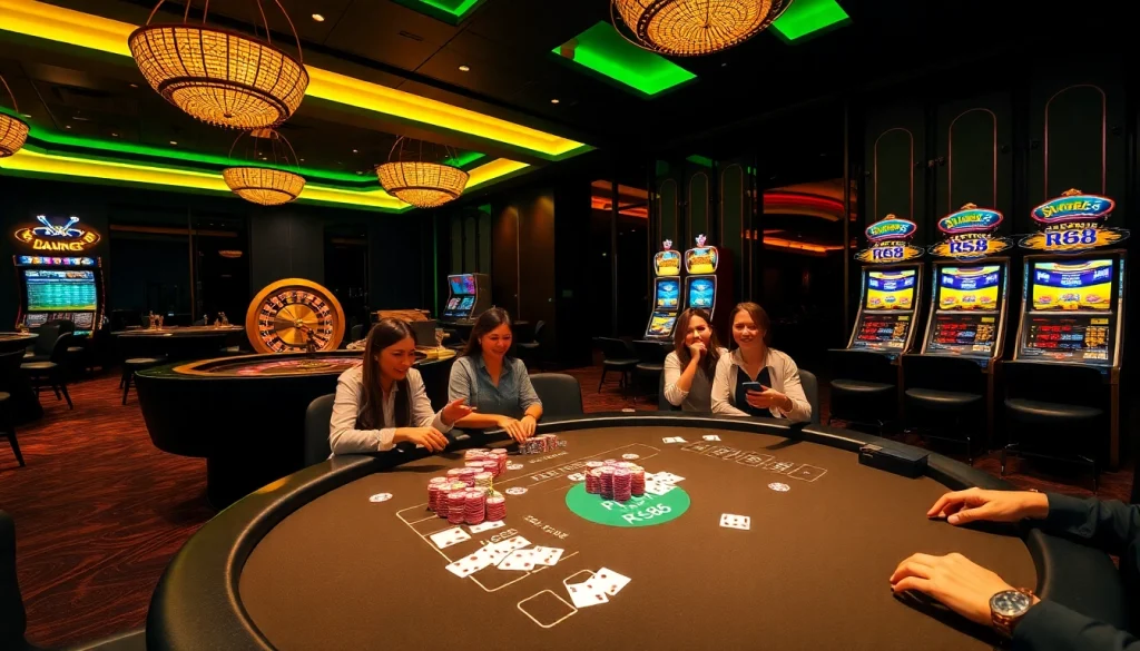 Experience thrilling action at RR88 with poker and roulette in a vibrant casino scene.