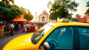 Agra Taxi service showcasing a vibrant taxi scene by the Taj Mahal, inviting travelers.