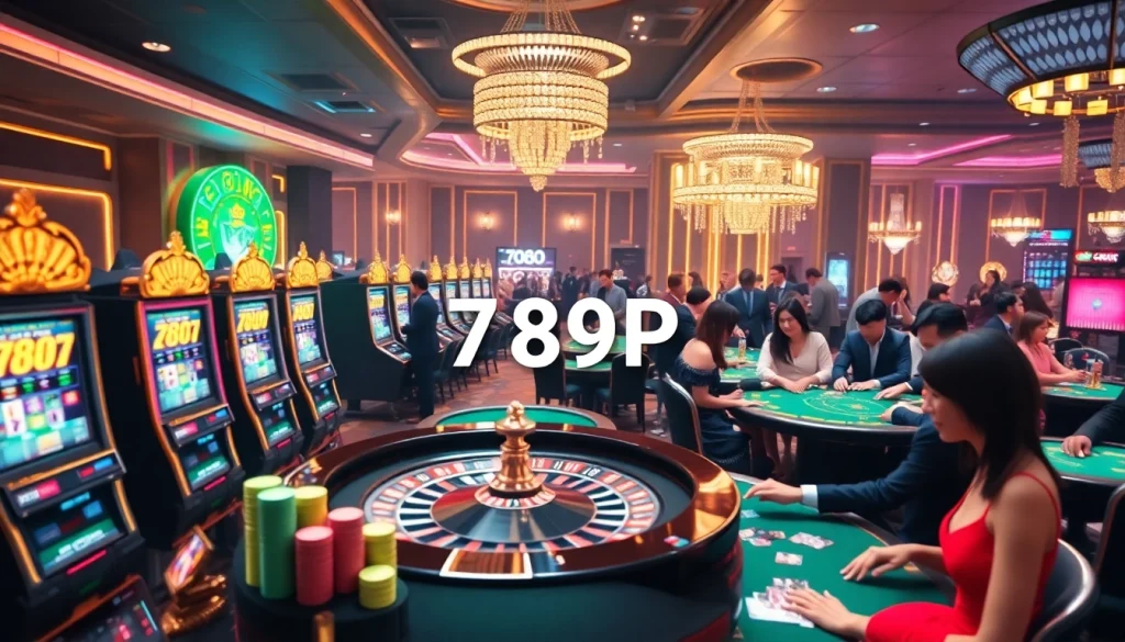Players enjoying a vibrant casino atmosphere at 789P, featuring colorful slot machines and a roulette table.