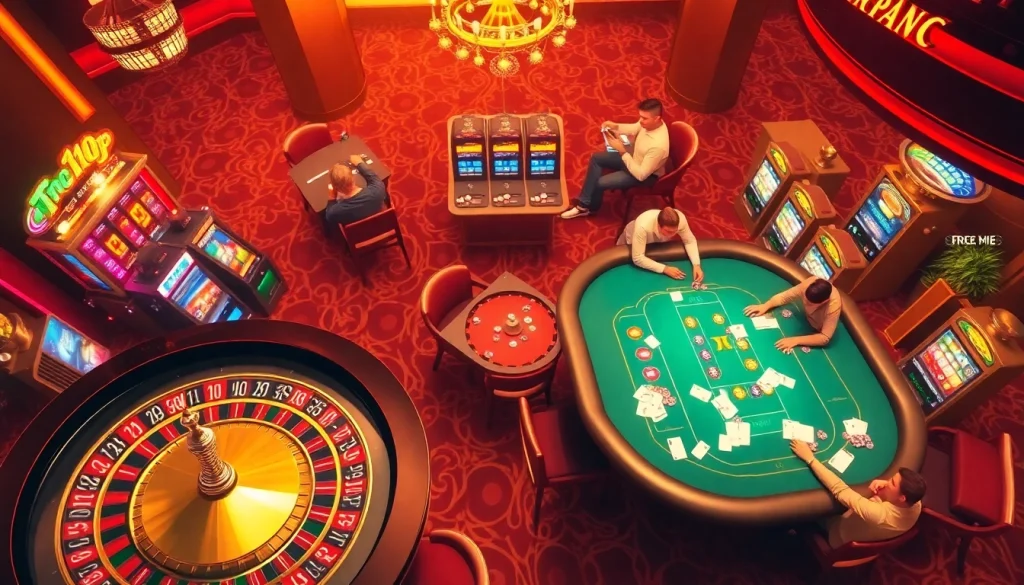 Betting excitement at https://rr88me.com/ with players engaged at roulette and poker tables.