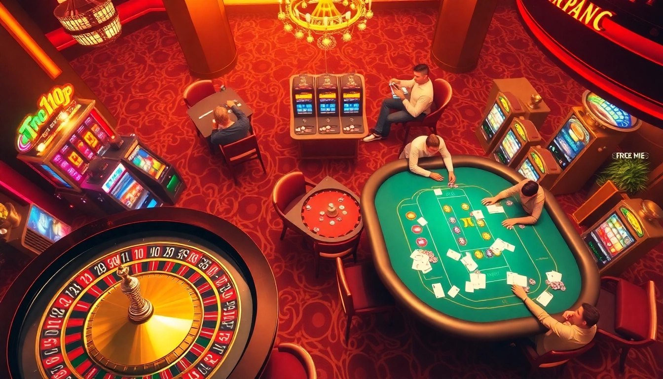 Betting excitement at https://rr88me.com/ with players engaged at roulette and poker tables.