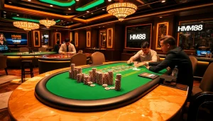 Engaging scene at HM88 casino with poker players at a high-stakes table surrounded by chips and cards.