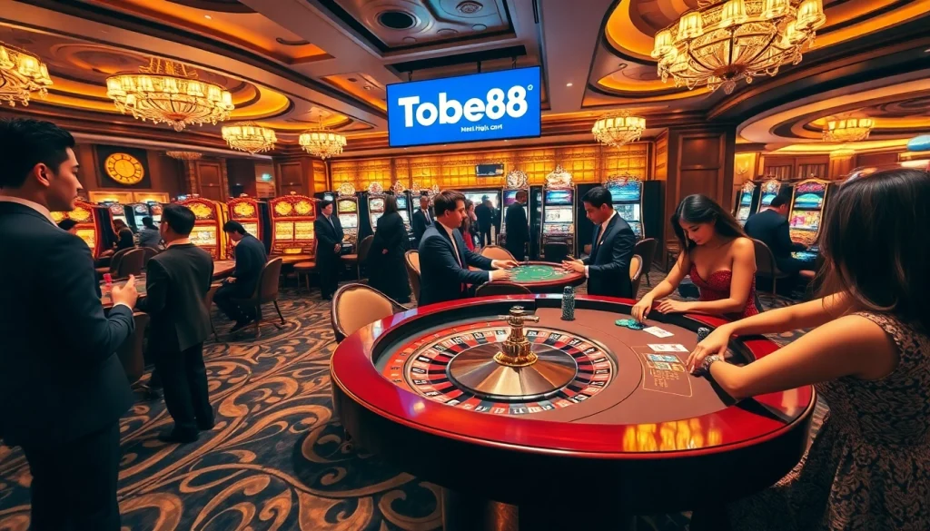 High-energy gaming scene at nhà cái tobet88 featuring poker, roulette, and slot machines.