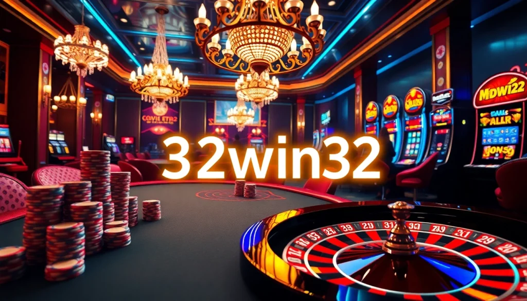 Experience the thrill of 32win32 in a luxurious casino scene featuring poker chips and a roulette wheel.