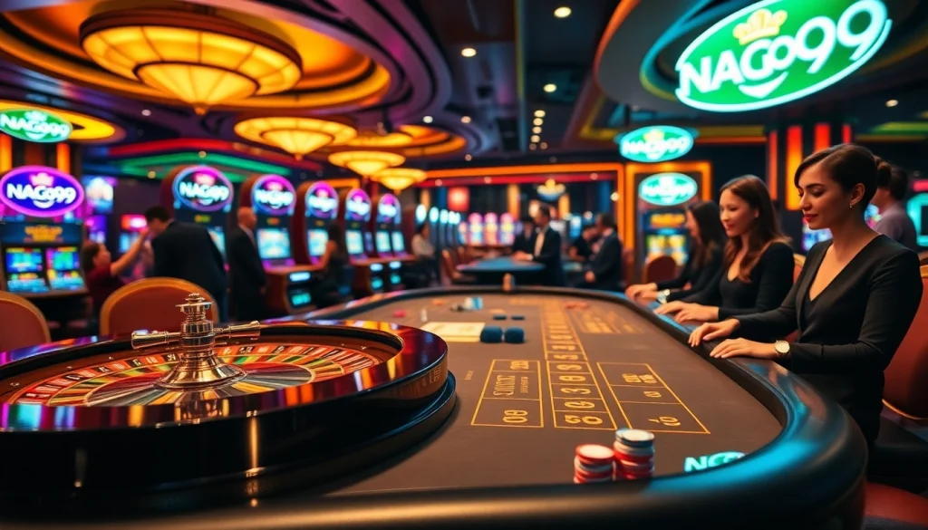 Naga99 players celebrating a big win at an exciting casino table surrounded by vibrant slots.