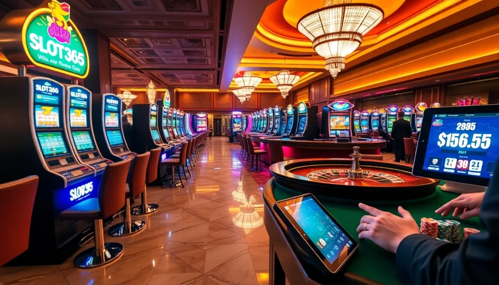 SLOT365 promotes a thrilling online gambling experience with vibrant slot machines and excited players.