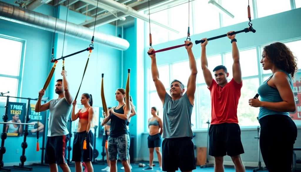 Individuals using assisted pull-up bands in a vibrant gym, showcasing strength training.