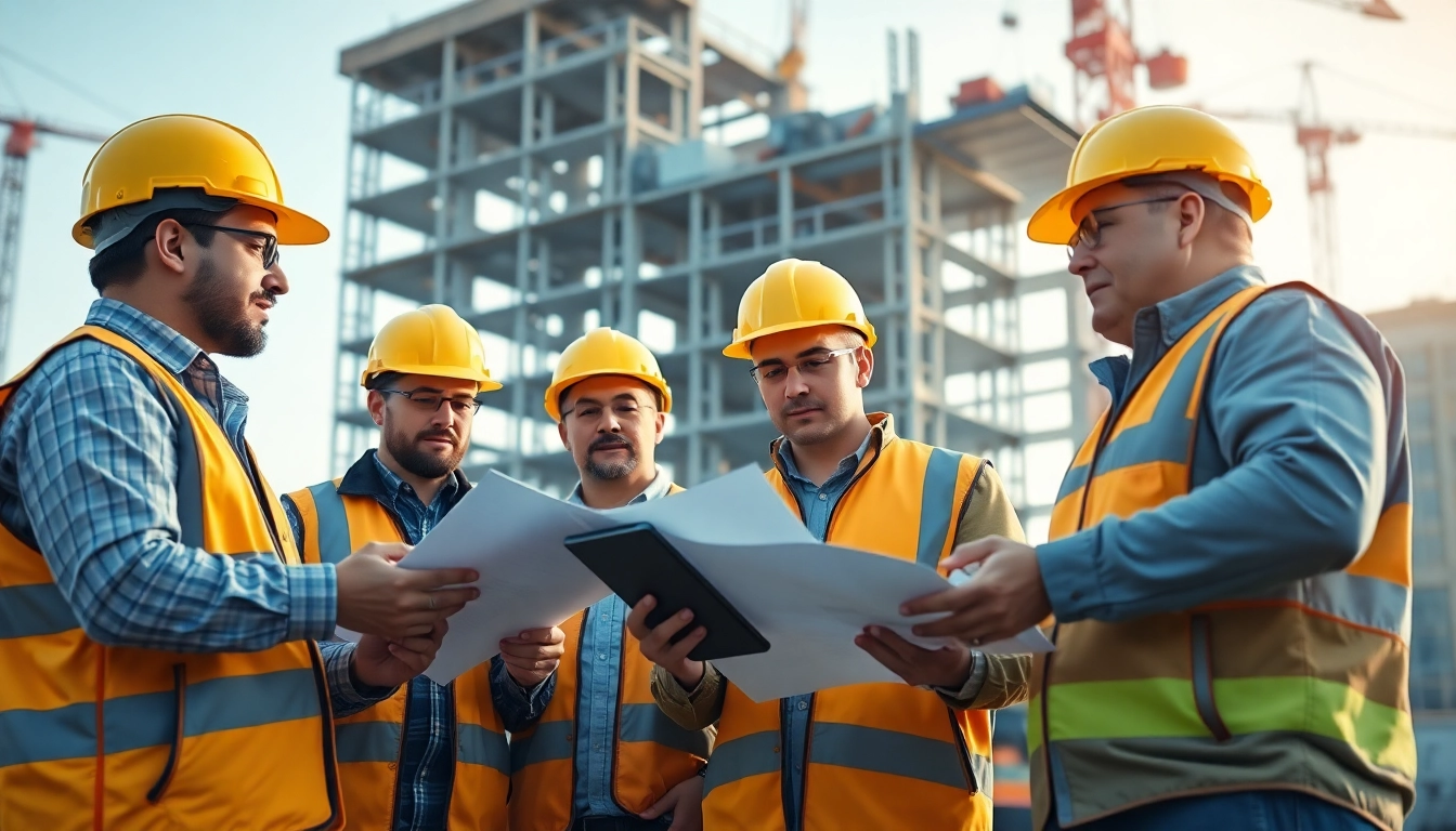 Engaging construction advocacy scene showcasing collaboration among workers and digital tools.