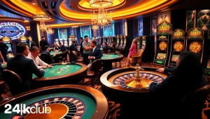 Trải nghiệm cảm giác hồi hộp tại casino 24kclub với các người chơi tại bàn poker và vòng quay roulette.