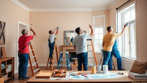 Home painters expertly applying fresh paint in a stylish interior, showcasing craftsmanship
