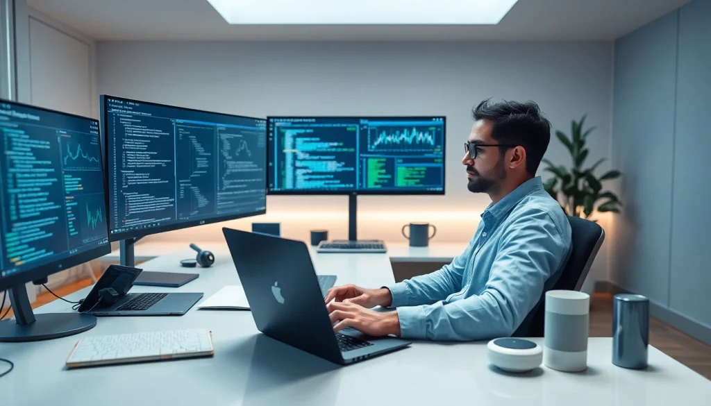 Modern software engineering workspace with a developer coding and analyzing data.