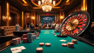 Players enjoying a high-stakes game at topclub casino table, featuring vibrant colors and luxury decor.