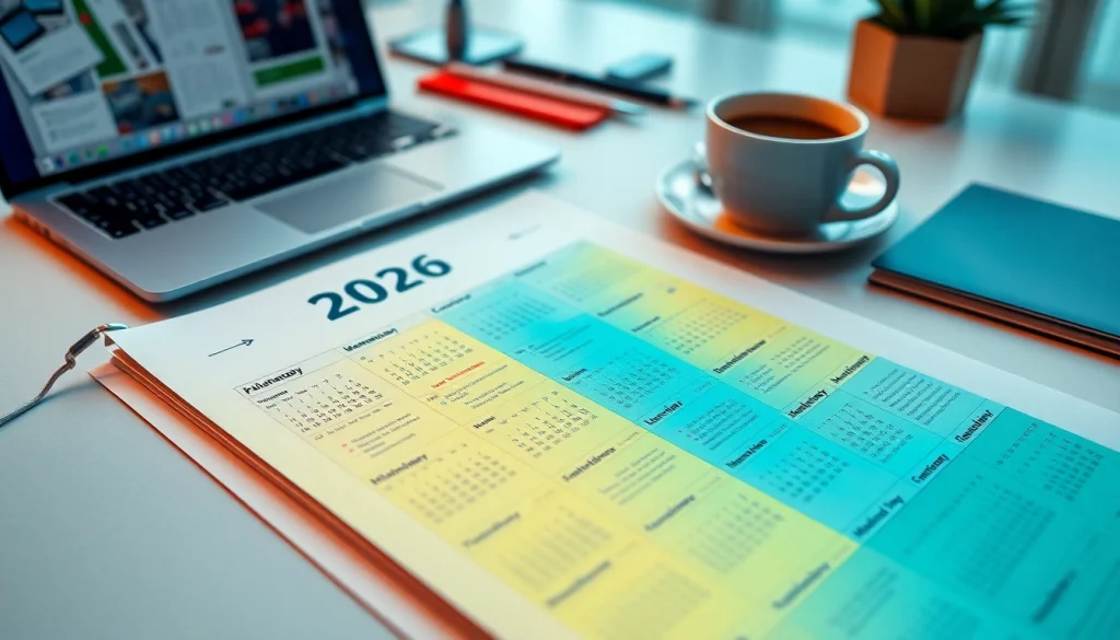 Free calendar 2026 design on a workspace with vibrant colors and important dates.