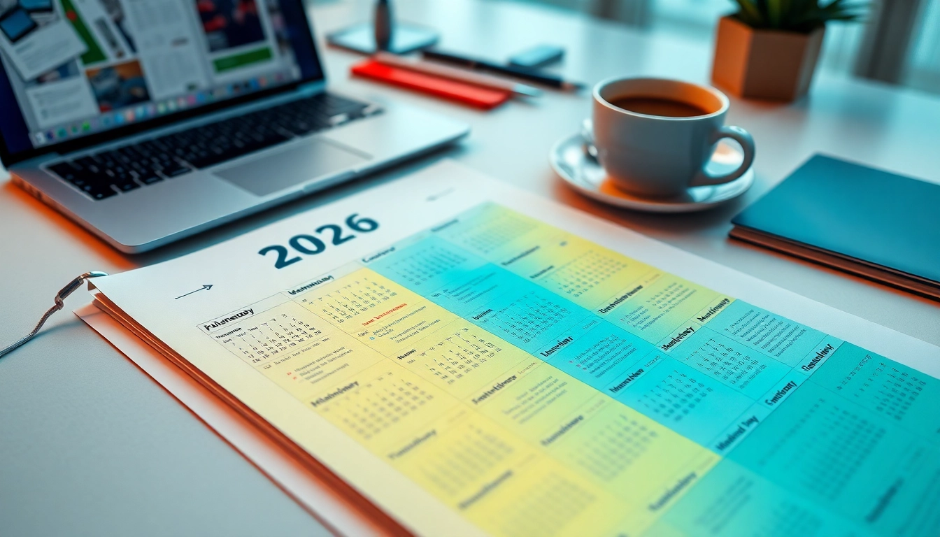 Free calendar 2026 design on a workspace with vibrant colors and important dates.