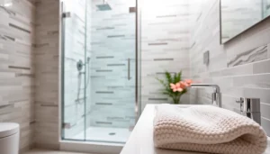 Stylish shower screen door enhancing a modern bathroom ambiance with elegant fixtures.