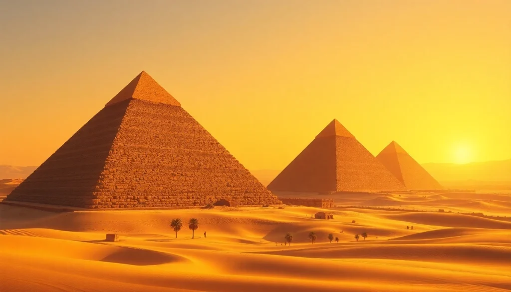 Visit https://piraminds.com/ to see an exceptional representation of the Great Pyramids of Giza at sunset.