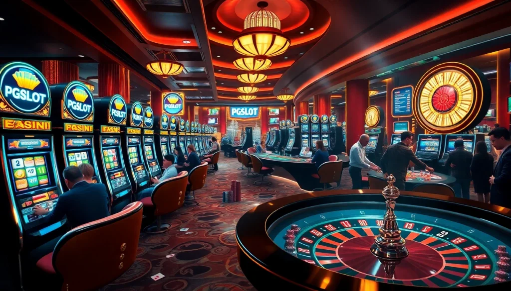 Experience excitement with PGSLOT IN at vibrant casino tables featuring slot machines and players.