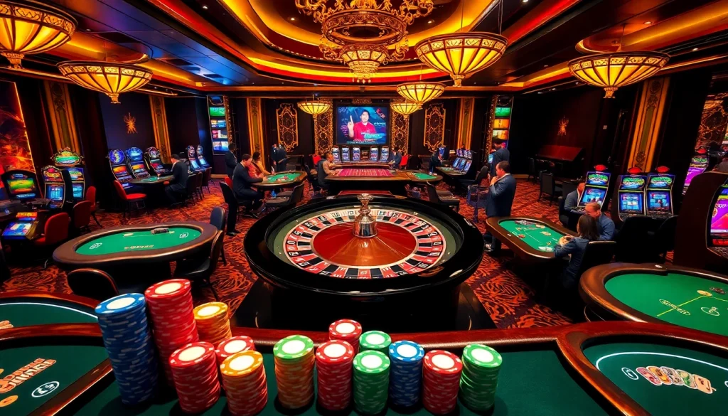 Dynamic scene at NHÀ CÁI LC88's casino with roulette wheel and excited players.
